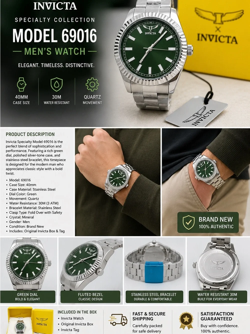 Invicta Men's Silver Stainless Steel Watch with Green Dial